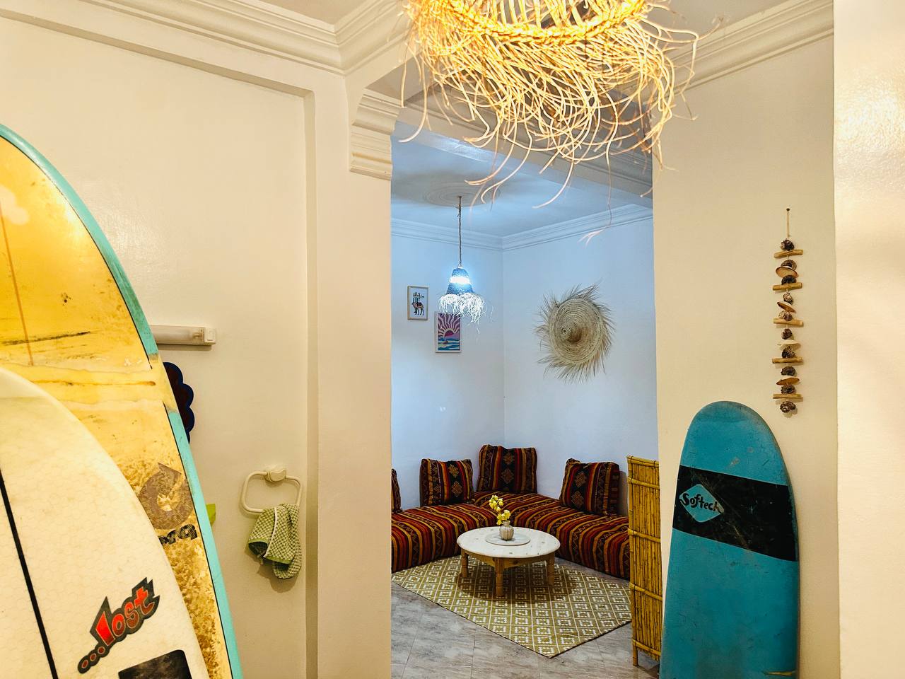 Shared living space at the Aourir surf house