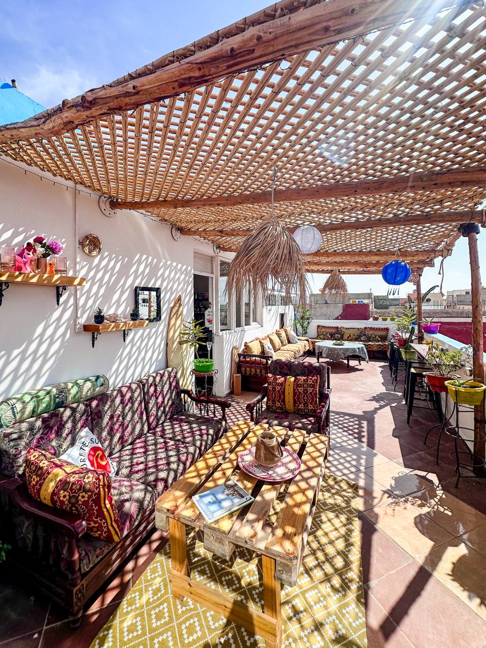 Shared lounge detail at the Surf Treasure Morocco surf house